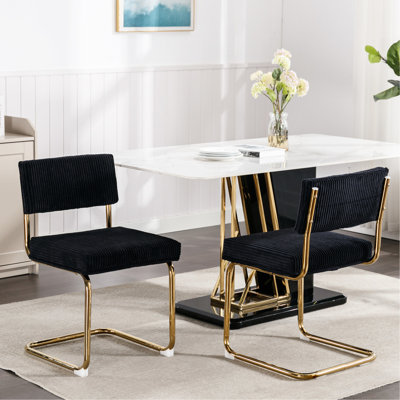 Of 2 Modern Accent Chairs, Black Corduroy With Glittering Gold Metal Base And Charming Channel Tufting Style Dining 2, Brilliant Detail