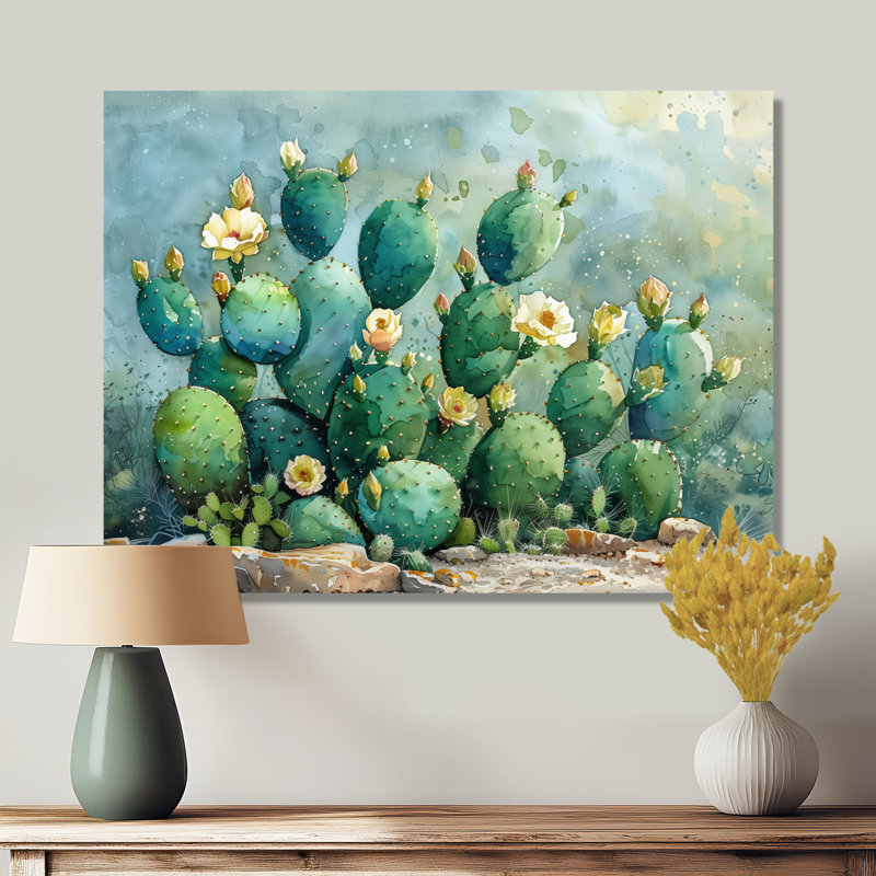 Vert, jaune, désert, jardin de cactus III - art mural floral cactus, Toile tendue, H 30 po x l 40 po x P 1,5 po