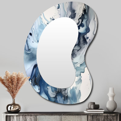 Elixir II bleu et gris - Grand miroir mural moderne asymétrique abstrait