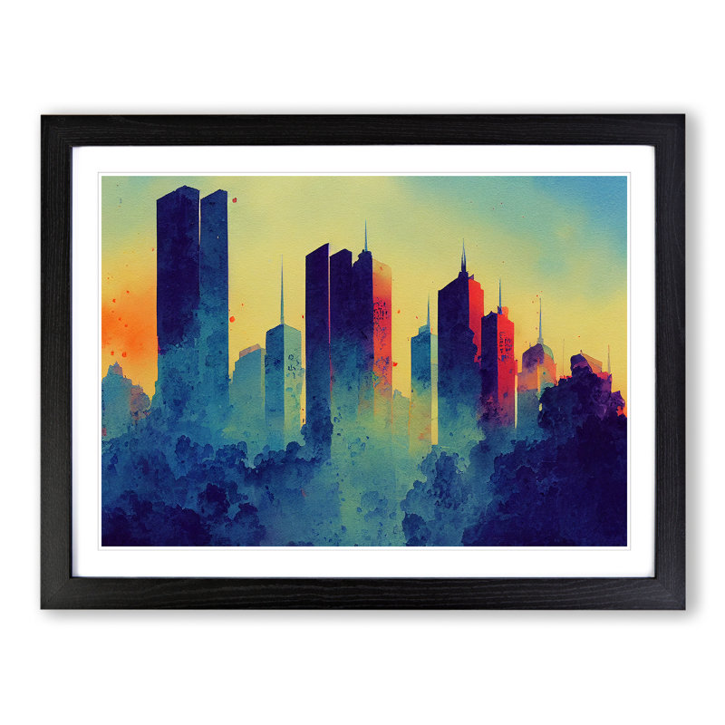 Watercolour Skyscraper Skyline Vol.3 Abstract - Single Picture Frame Print, Black, 25cm H x 34cm W