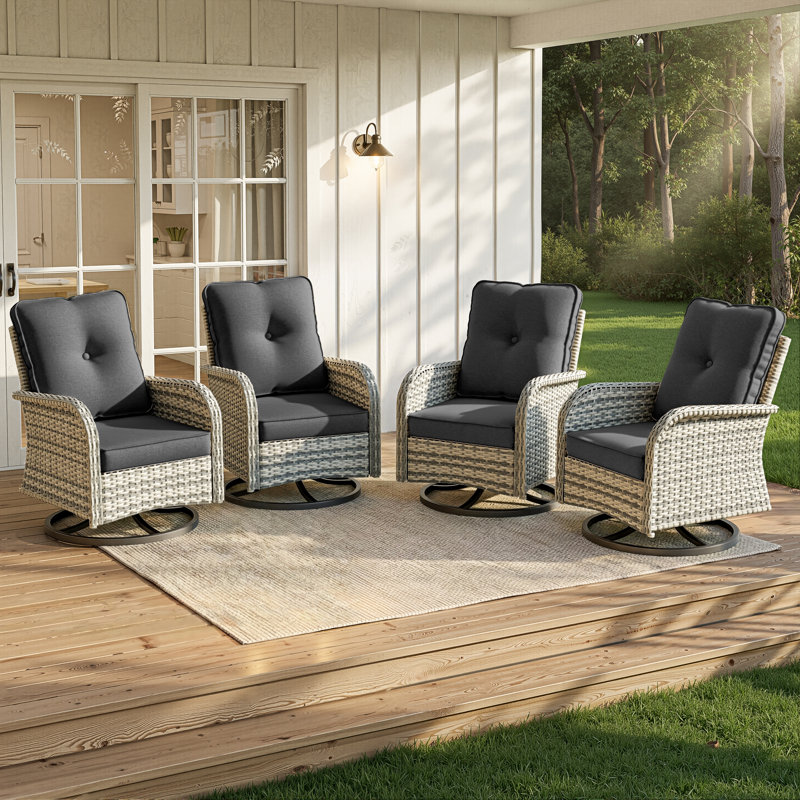 Ensemble de 4 chaises berçantes pivotantes en osier avec sièges rembourrés 4 pièces, Noir