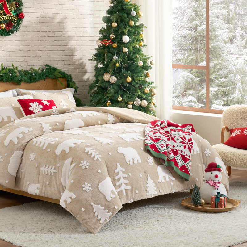 Ensemble de literie 3 pièces Christmas Vibe, Édredon grand + 2 taies d'oreiller standard, Imprimé animal beige