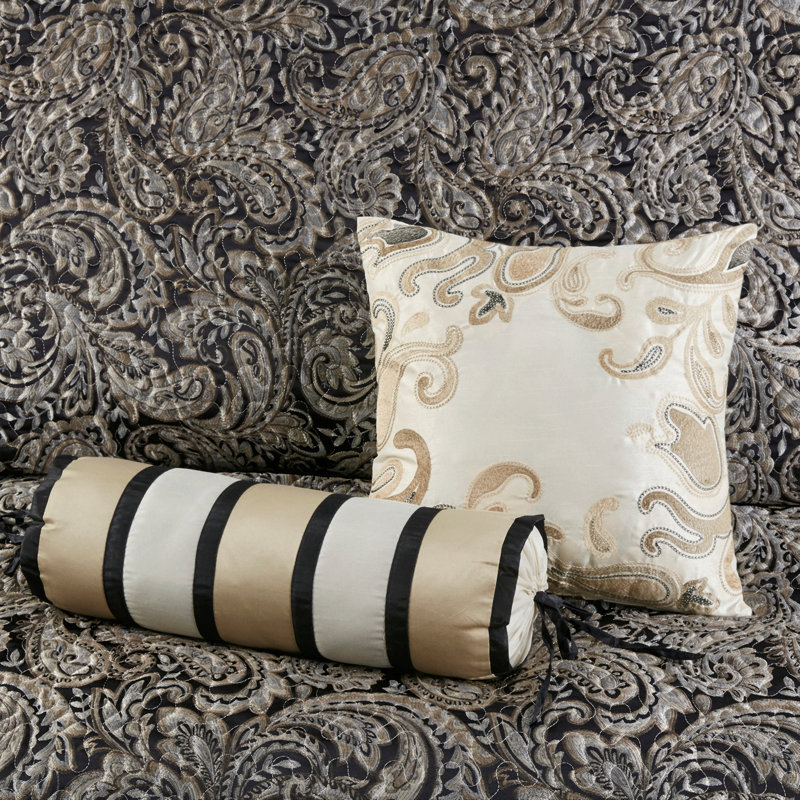 Ensemble de couvre-lit traditionnel 5 pièces en coton brodé jacquard noir, taille Queen, Black