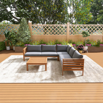 4-Piece Modular Acacia Wood Outdoor Sofa Set With Gray Cushions, Corner Sectional & Coffee Table, Weather Resistant, For Backyard, Garden And Poolside，Gray