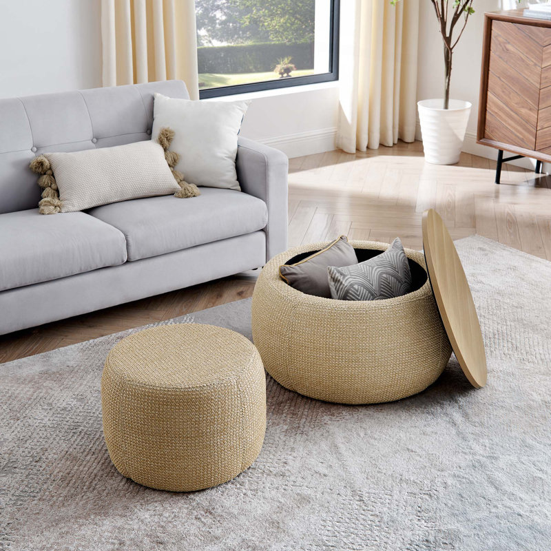 Round Storage Ottoman,Woven Rattan Fabric Ottoman,2 In 1 Function,Work As End Table And Ottoman,With Small Seat-Nature