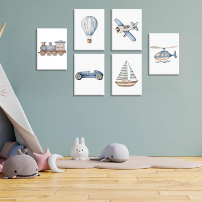 Vintage Baby Boy Nursery Wall Art Blue Transportation Car Airplane Painting Picture Wall Decor Toddler Vehicle Train Boat And Hot Air Balloon Poster Print Artwork For Kids Boys Room Bedroom Decorate