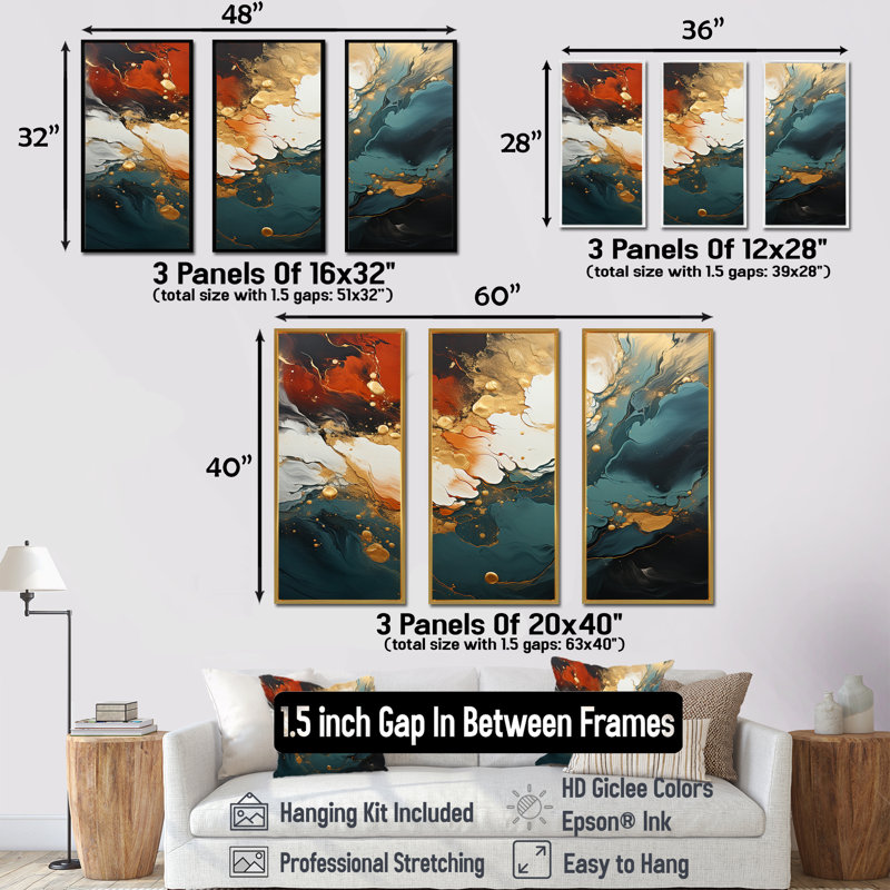 Orange et vagues ondulées oranges et mélodie I - art mural abstrait, Cadre flottant noir, H 28 po x l 36 po x P 1 po