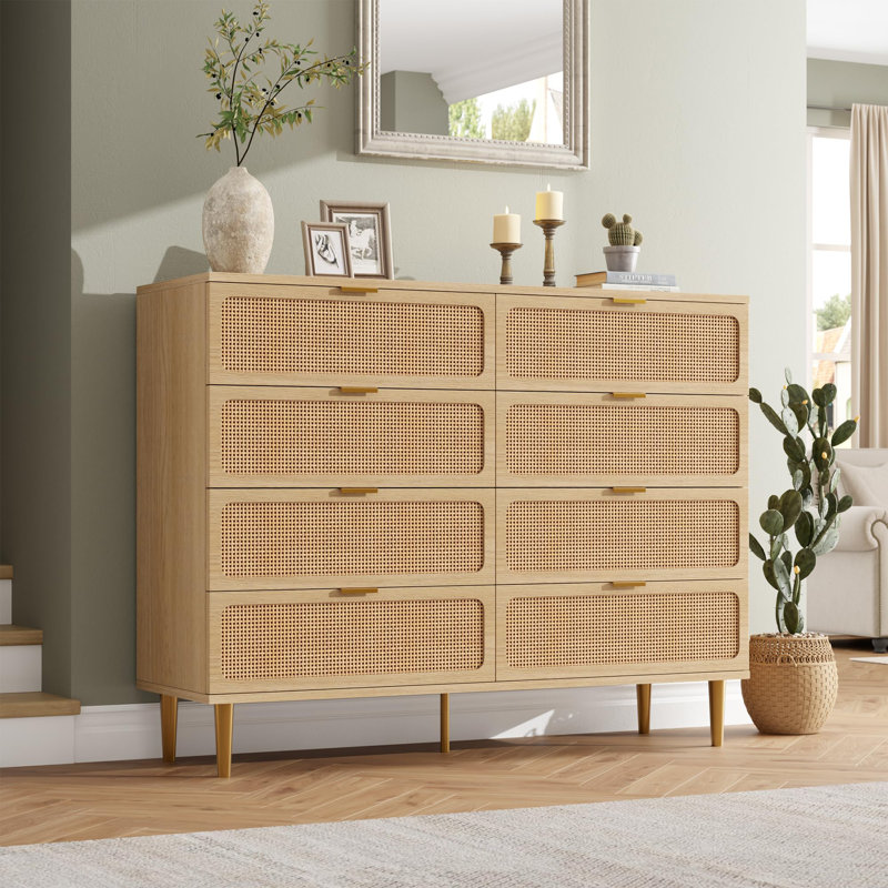 Commode 8 tiroirs en rotin pour chambre à coucher, commode haute avec tiroirs profonds, Ivoire ivoire