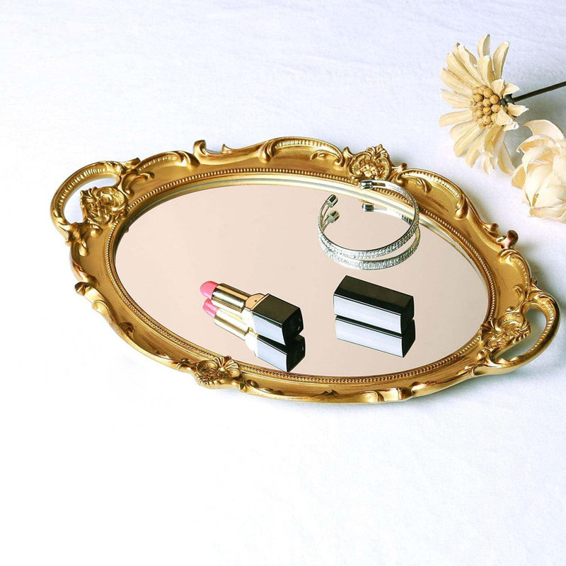 Polyresin Ellipse Decorative Mirror Tray, Jewelry And Makeup Organizer, Serving Tray