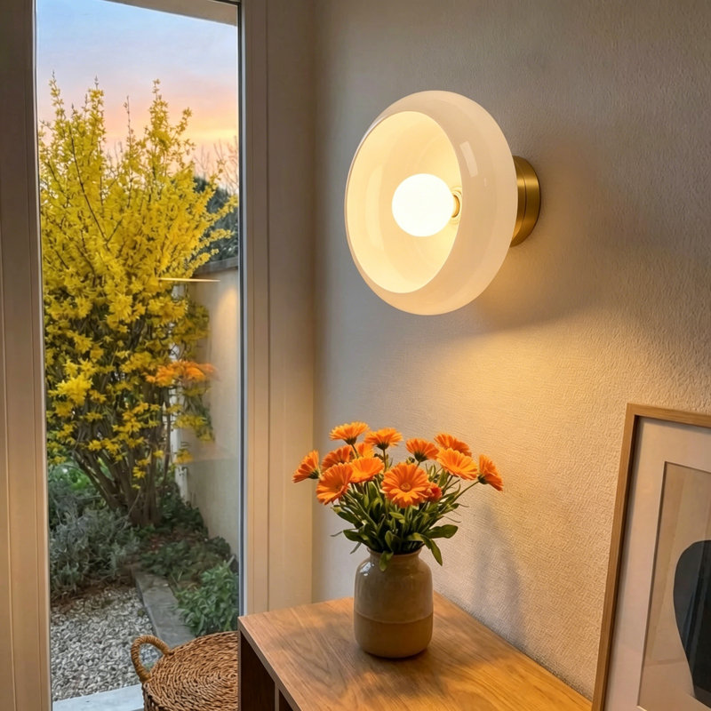Ravello 1-Light Modern Industrial Bowl-Shaped Wall/Semi Flush Mounted Sconce, Brass, White