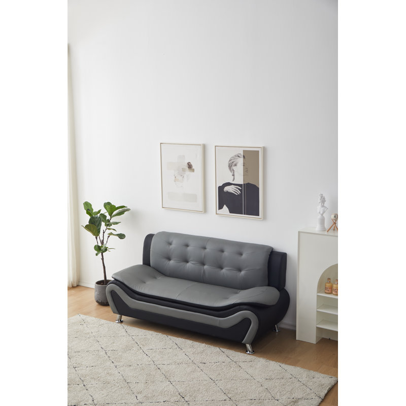 Upholstered Living Room Sofa, Gray/Black Faux Leather, 34" H x 76.5" W x 32.5" D