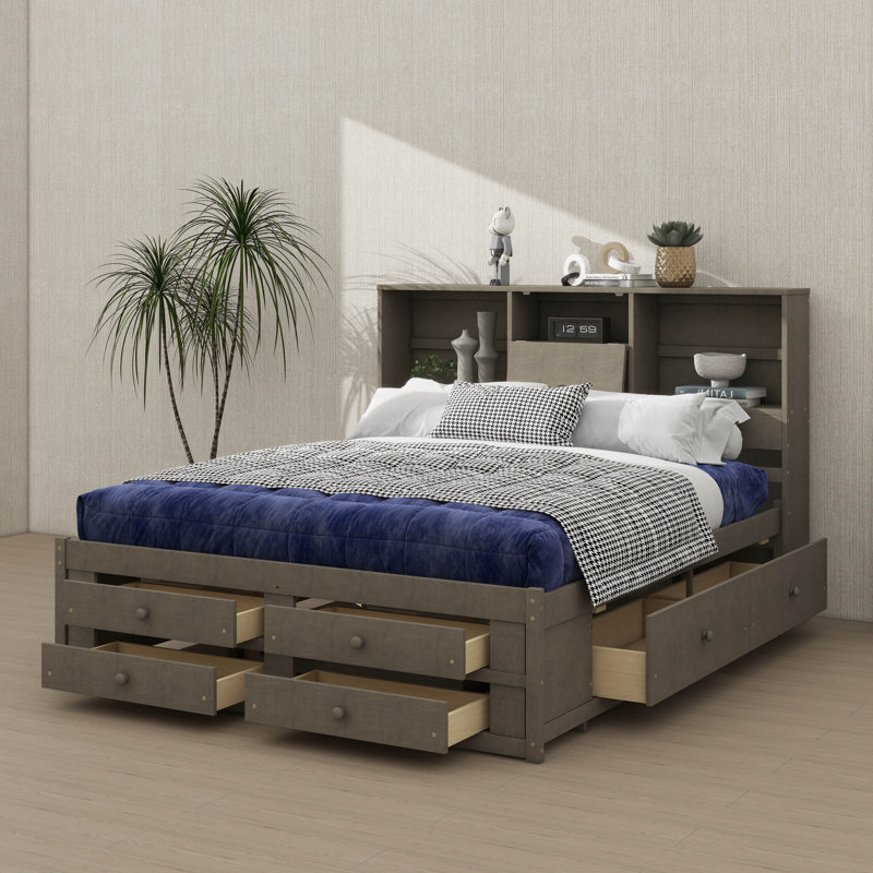 Très grand lit plateforme avec tête de lit et rangement à 8 tiroirs, gris, Roi