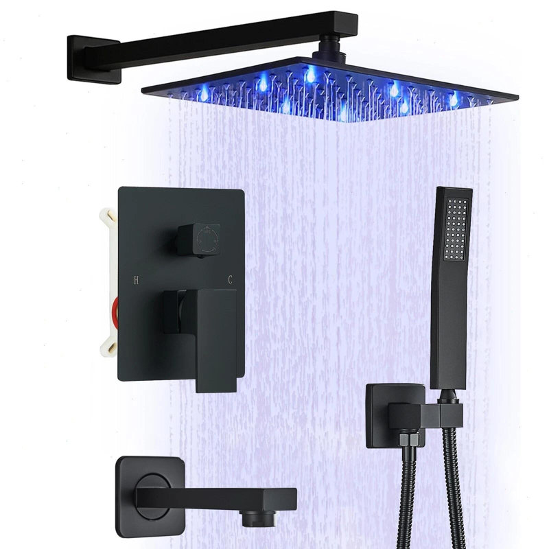 Black Shower System with Tub Spout Wall Mount 12”Rain Shower Head Shower Faucet Set