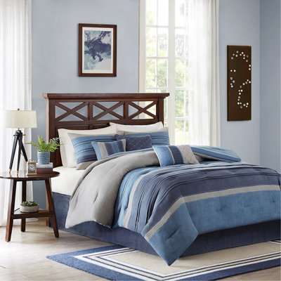 Transitional Style Microsuede 7-Piece Comforter Set With Hypoallergenic Filling And Easy Care, Navy King