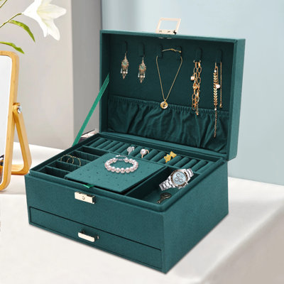 3-Layer Dark Green Flannel Ring Necklace Jewellery Box with Lock