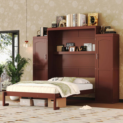 Grand lit escamotable en bois noyer avec 2 armoires et tablette de rangement, cadre de lit plateforme pliable multifonctionnel pour chambre et chambre d'amis