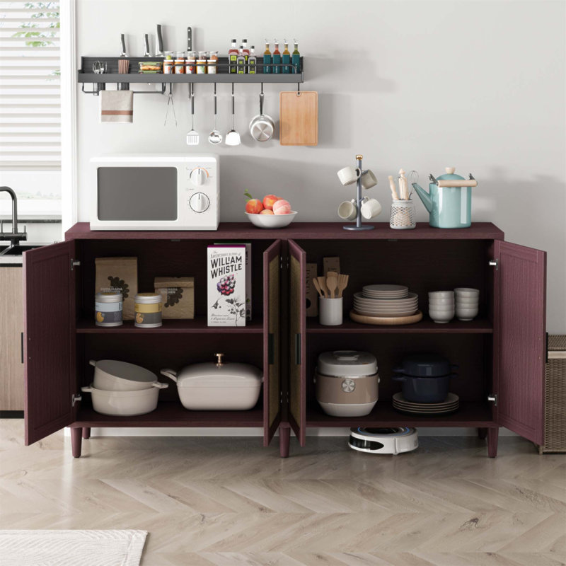 Buffet 70 po en rotin avec tablettes réglables, rangement élégant et durable pour la cuisine, le salon et la salle à manger