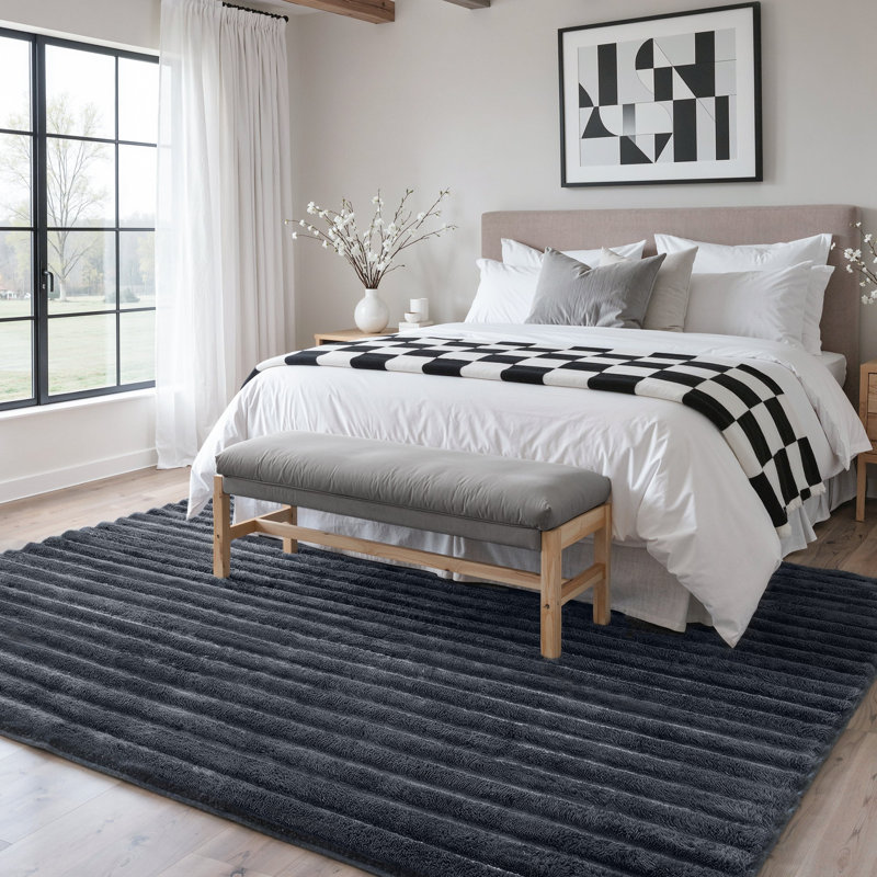Modern Ribbed High-Low Pile Gray Machine Washable Shag Area Rug, Rectangle 8' x 10'