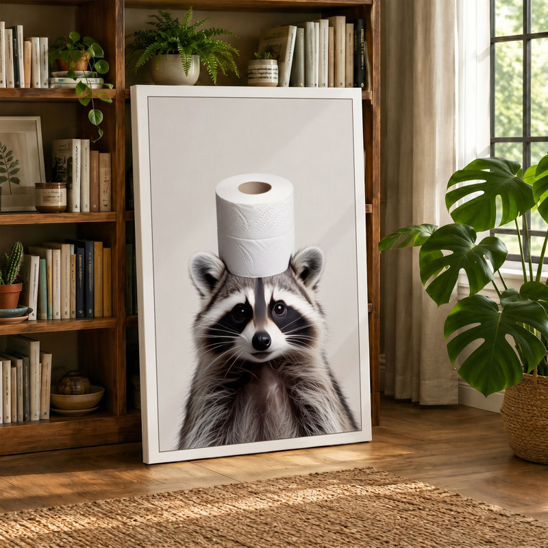 Raccoon with Toilet Paper Modern - Wrapped Canvas, 36x24 - 91.4 x 61.0 cm, Terracotta Border