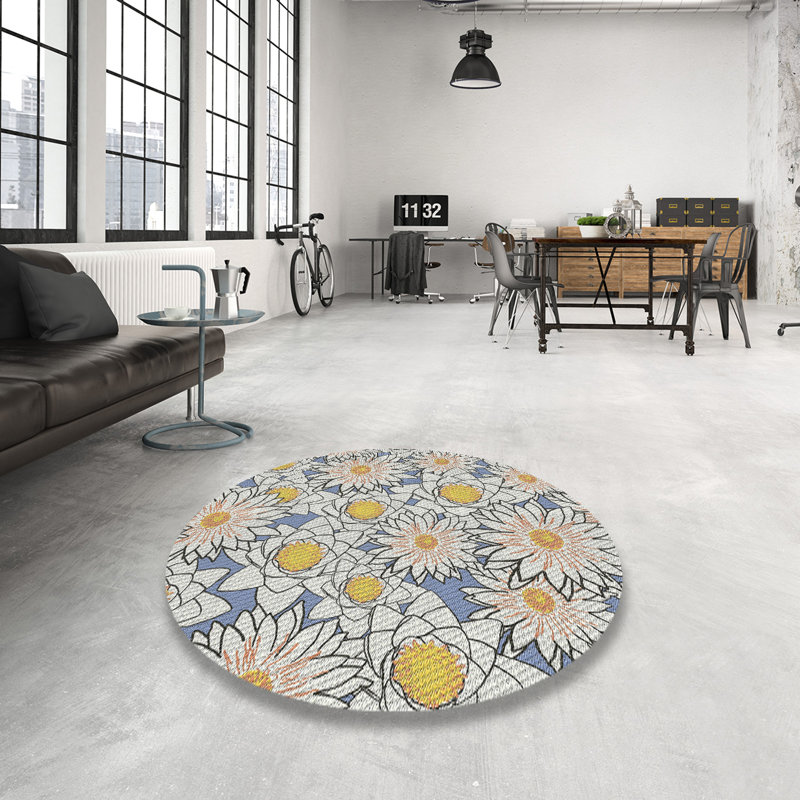 Tapis à tisser jaune/blanc/bleu, Rond 3 pi
