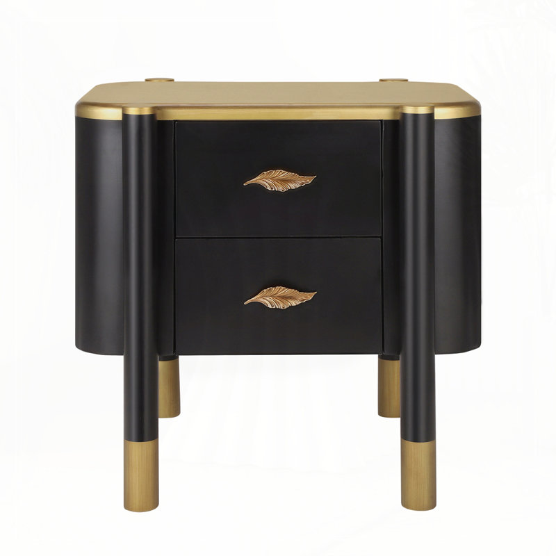 Table de chevet 2 tiroirs avec profil incurvé, table de chevet avec poignées en forme de plumes en métal et pieds exposés
