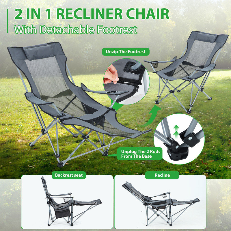 Reclining Camping Chair, Portable Lounge Chair with Footrest, Headrest, Storage Bag & Cup Holder