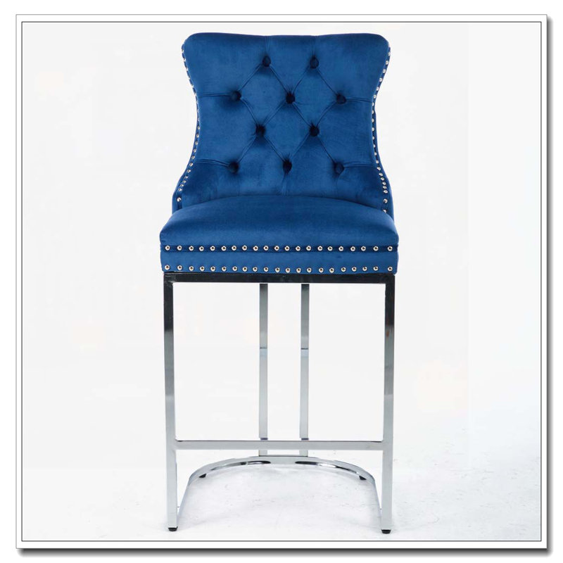 Tabourets de bar en velours avec dossier et garniture de rivets, Bleu
