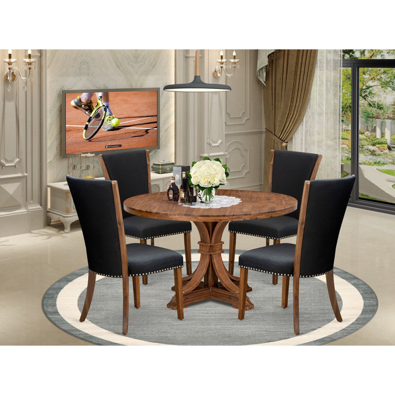 Ensemble de 5 pièces pour 4 personnes comprenant une table ronde avec piédestal et 4 chaises rembourrées en tissu de lin noir, noyer antique
