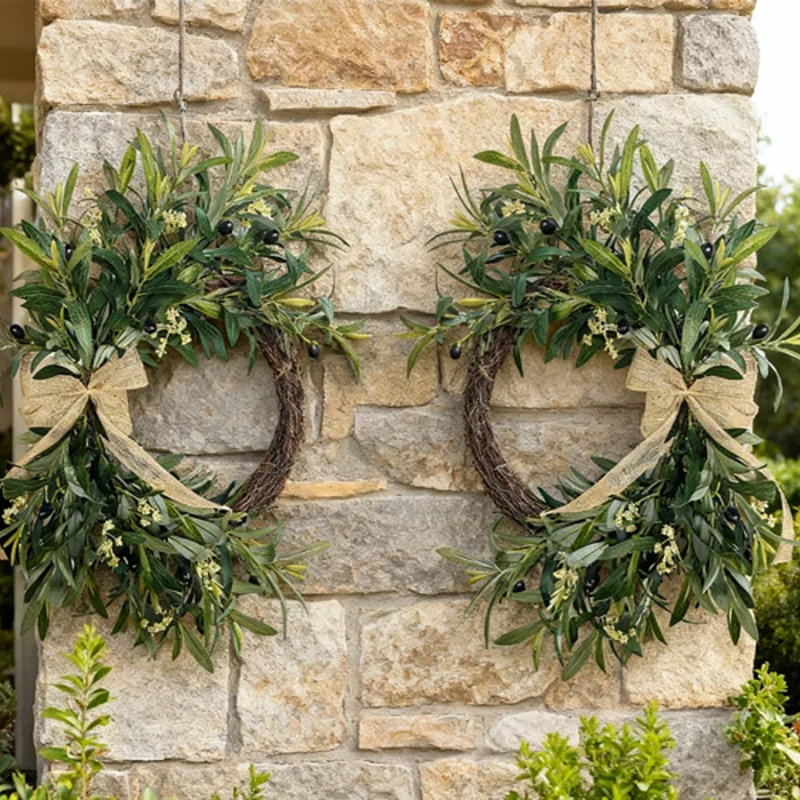Couronne artificielle 2 pièces avec baies - Couronne de verdure intérieure / extérieure pour mur, fenêtre et porche