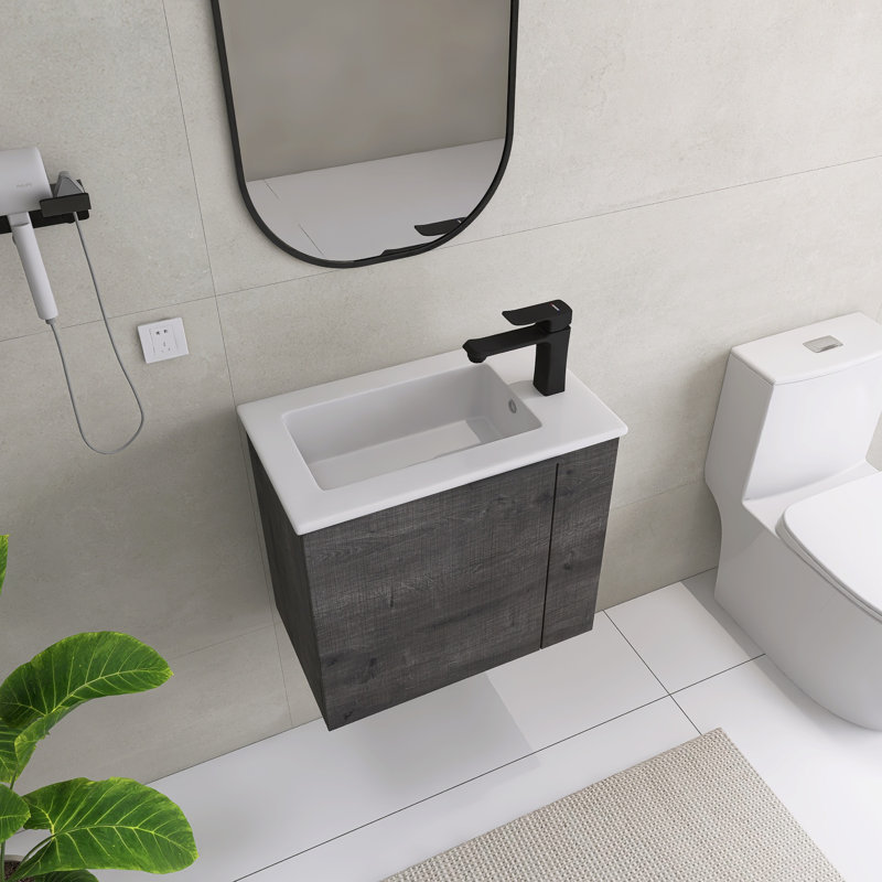 Meuble-lavabo simple mural 22 po Creedan - Portes à fermeture douce et plateau en céramique, Gris