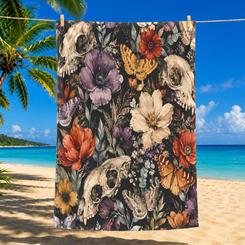 1Pcs Gothic Floral Skull Butterfly Beach Towel, Dark Aesthetic Watercolor Botanical Print, Microfiber Quick Dry for Pool, Travel, Camping, Unisex