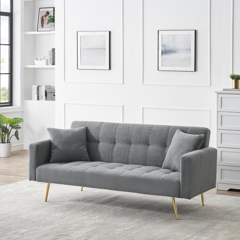 Quiniya 71.26" Modern Teddy Velvet Sofa Bed Folding Couch with Two Throw Pillows for Living Room, Gray Polyester Blend