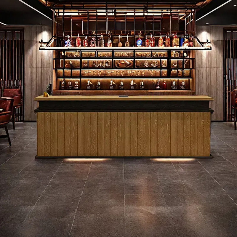 Bar Counter with Wine Storage & Cabinet, Reception Bar Table for Home & Commercial Use, Light Brown