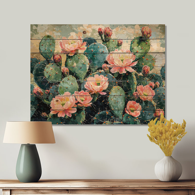 Cactus jardin en fleurs III - Art mural en bois floral cactus - sur bois de pin naturel, H 34 po x l 44 po x P 0,78 po
