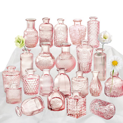 Ensemble de 22 vases à fleurs roses en verre
