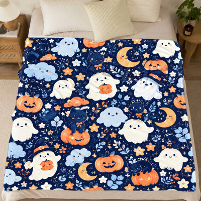 1Pcs Halloween Ghost Pumpkin Cat Print Flannel Blanket – Single-Sided;Ideal for Home Living Room Bedroom DecorationPerfect Fall and Themed PartiesA Fun Cozy Gift Choice. Bedding and sofa items