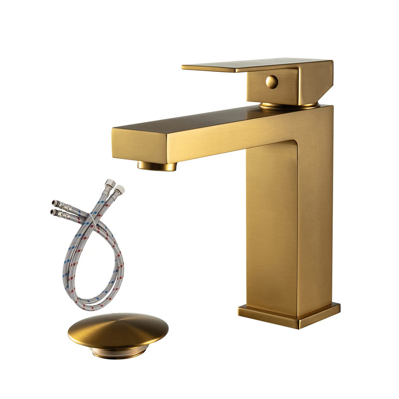 Robinet pour salle de bain à poignée simple avec drain, Or