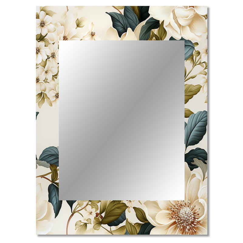 Afsaar crème délicat coquelicots fleurs - miroir mural floral, miroir décoratif floral, impression d'art en métal