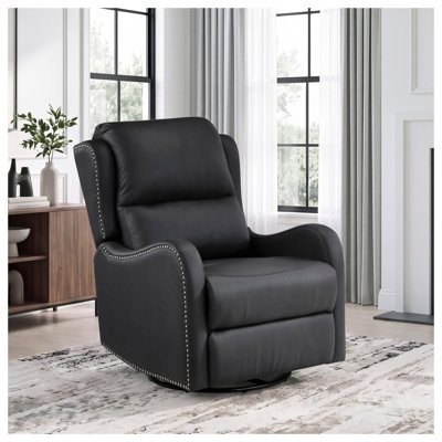 Fauteuil inclinable et pivotant moderne avec rotation à 360 degrés, revêtement en cuir fleur noir et garniture cloutée pour le salon