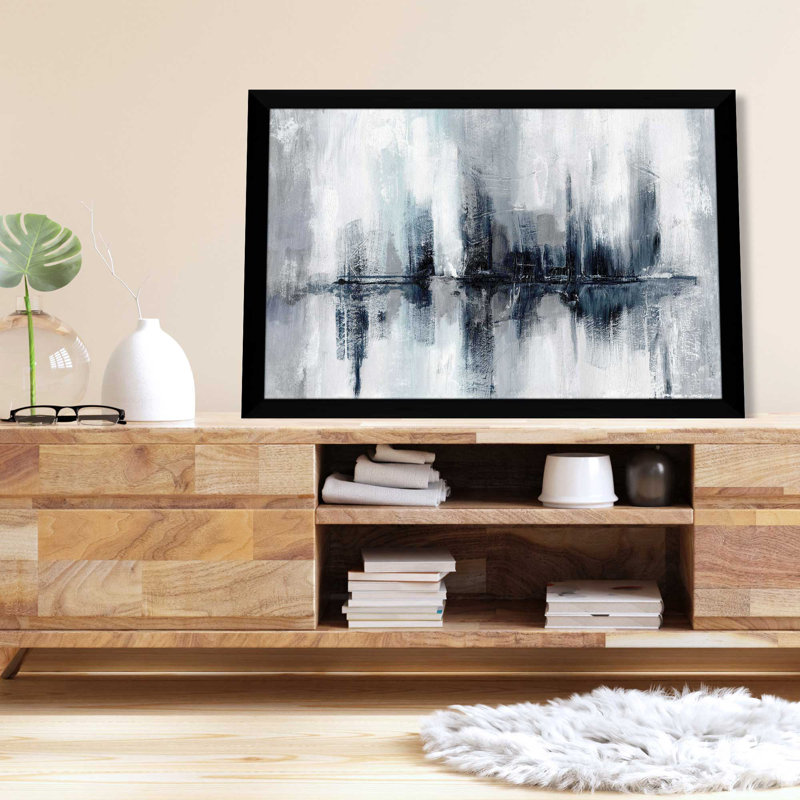 Indigo Harbor Lights par Nan - Peinture, L 27,5 po x H 21,5 po, Cadre noir