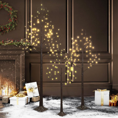 3-Piece Set 4/ 6/ 8FT Artificial Brown Twinkling Birch Tree w/ LED Lights, 48/ 72/ 96 Inch Brown Lighted Twig Tree for Holiday Decor   
