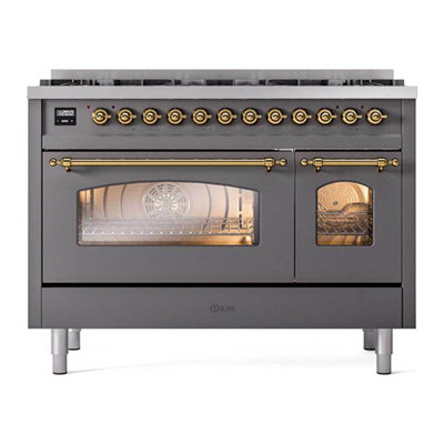 ILVE Nostalgie II Series 48 inch Dual Fuel Range with 8 Black Brass Burners (Limited Edition) (Glass Door)