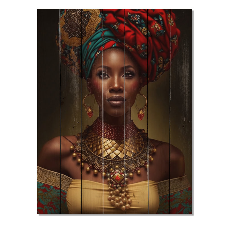 Reine africaine avec collier doré traditionnel II sur bois, H 32 po x l 24 po x P 0,78 po