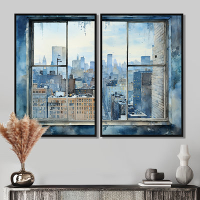 Vue de fenêtre rétro bleu New York I - grand art mural de New York, 2 pièces