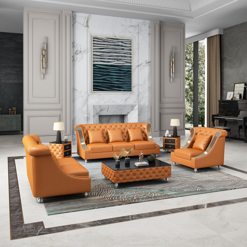 Mayfair 3 Piece Leather Living Room Set, Cognac