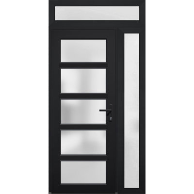 Front Exterior Prehung uPVC Metal-Plastic Door Frosted Glass Manux 8002 Matte Black Side and Top Exterior Window Office Commercial and Residential Doors Entrance Patio Garage-W36+16 x H80+14-Left-hand Inswing