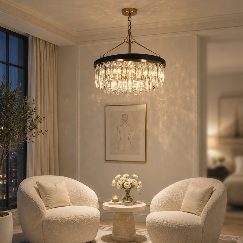 Kethe 4-Light Modern Dimmable Drum Chandelier with Black and Brass Crystal for Dining Room