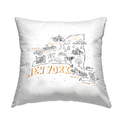 New York State Landmarks Doodle Map Outdoor Printed Pillow by Ziwei Li