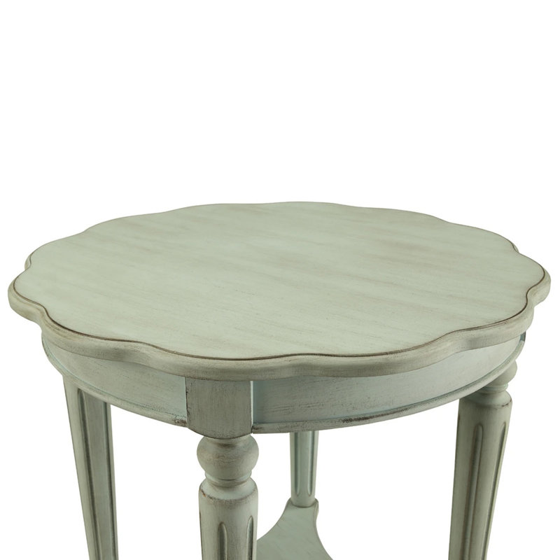 Table de bout en bois Fordon, plateau rond festonné, finition blanc antique français, Vert antique