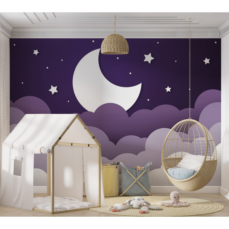 Adhésif mural pelez et collez pour enfants - Lune abstraite mauve, L 77 po x L 55 po